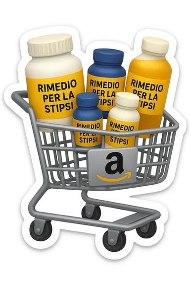 emoji stile iphone di un carrello per la spesa con l'icona di amazon stampata sopra, dentro al carretto ci sono varie boccette di integratori con la scritta "RIMEDIO PER LA STIPSI", iperrealistico 4k sticker