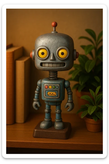 a classic robot bobblehead with a springy neck sticker