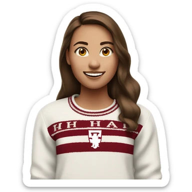 Girl with brown hair and white skin wearing a crimson and white sweater with the black crimson and white Harvard University logo on it  sticker