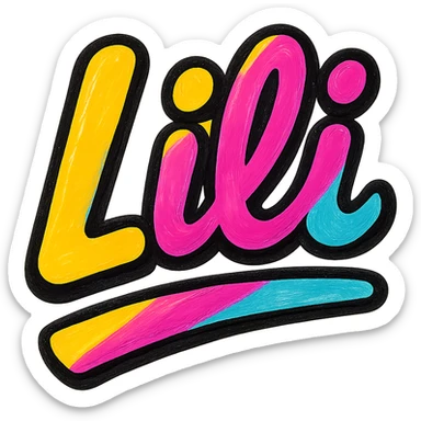 Lili name in modern colorful gradient font with dark outline, dynamic slanted or partial underline, transparent background, in the style of reference patterns sticker