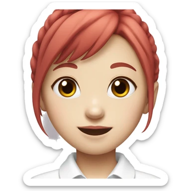 Pale Korean girl with red hair and bangs smiling with pink lips and white collared short sleeve shirt sticker