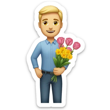 White man holding flowers and a sign where it says "Julia<3" sticker