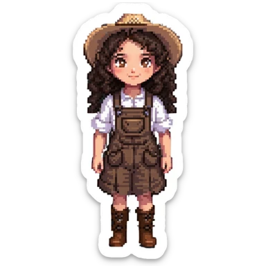 white girl with dark brown curly hair, brown eyes, wearing farm clothes sticker