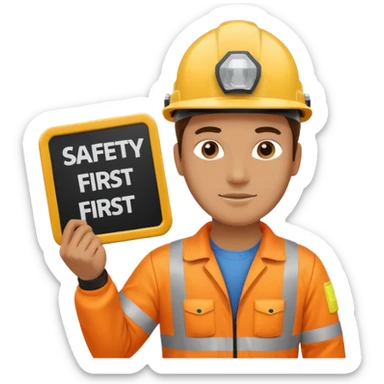 a guy wearing safety outfit with helmet holding a panel written on it SAFETY FIRST sticker