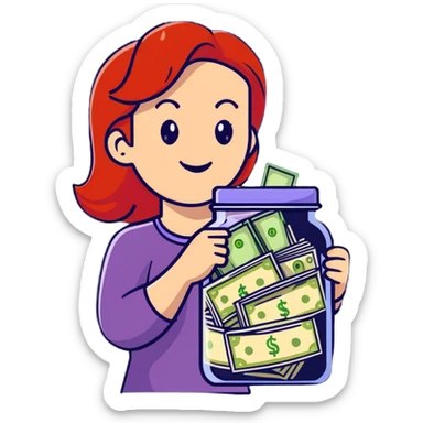 redhead woman with big smile holding glass jar with money bills inside sticker