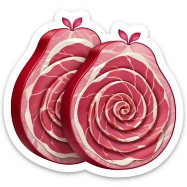 a pair or trio of thin folded cured ham slices, deep pink-red, delicate white fat marbling, smooth, translucent, curled edges, tender, apple emoji style, soft lighting, emoji scale sticker