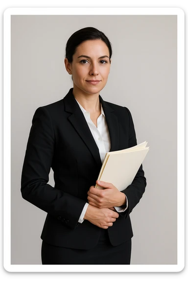 lawyer woman, professional attire, holding legal documents, confident expression, simple background sticker