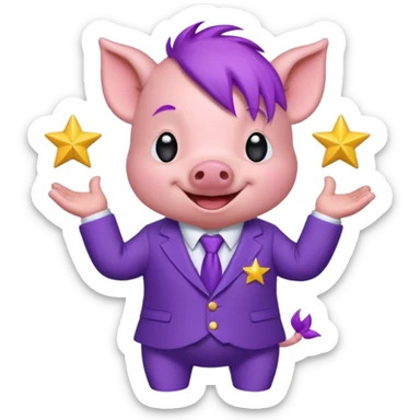 Sticker, a small cute funny purple piglet with purple hair, wearing a purple suit decorated with stars, ((cheerful, laugh)), surrounded by white outline, on transparent background sticker