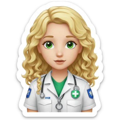 EMT girl with long curly blonde hair with white uniform green patch  sticker