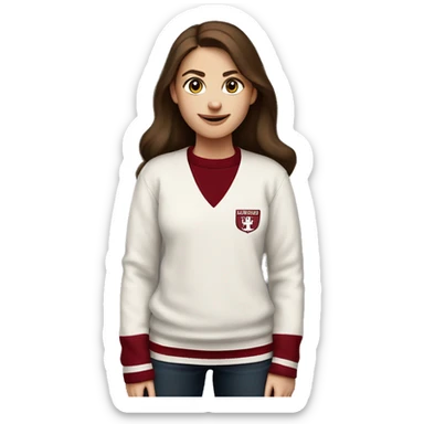 Girl with brown hair and white skin wearing a crimson and white sweater with the black crimson and white Harvard University logo on it  sticker