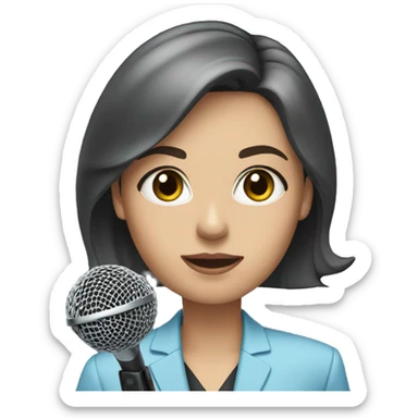 A woman with dark brown hair and light blue eyes wearing a suit and holding a microphone sticker