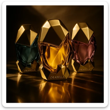 Create a cinematic, realistic 3D rendering of the Orabella fragrance bottle, matching the real design and colors, with dramatic shadows and a high-end commercial look. Emphasize contrast and luxury feel. sticker