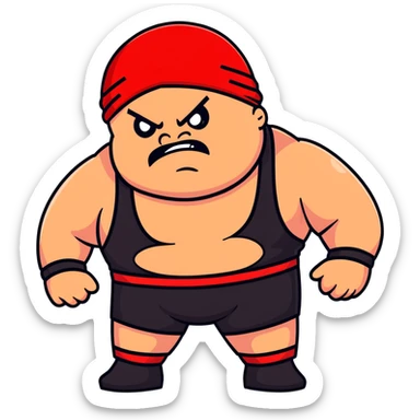 Close-up of white skin fat guy with prominent black durag, completely shaved face, no beard or mustache, black eyes in a red and black wrestling singlet with angry face sticker