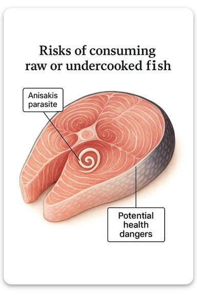 a close-up cross-section of a raw fish fillet, showing a white, coiled Anisakis parasite embedded in the muscle tissue. The parasite is clearly labeled, and the surrounding fish tissue is rendered in detail. The background is clean and white, with educational callouts explaining the risk of consuming raw or undercooked fish. sticker