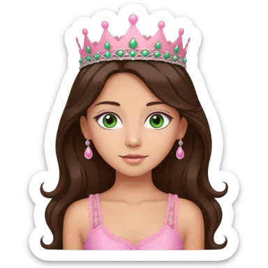 super long haired brunette with middle part cute pink lacy tank with a pink tiara on head, white but tan green eyes  sticker