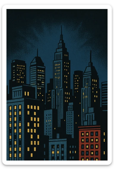 a city skyline at night, old school comic book style sticker