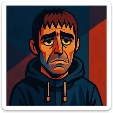 stylized illustration of Liam Gallagher with a sad expression, moody lighting, expressive face sticker