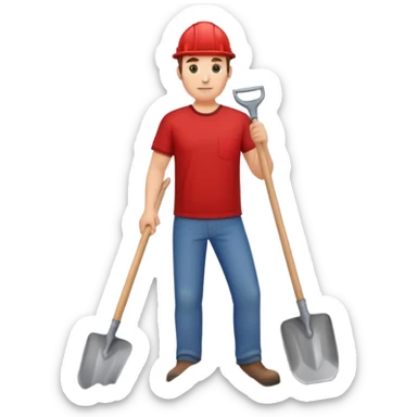 man digging with a shovel, wearing a red shirt sticker