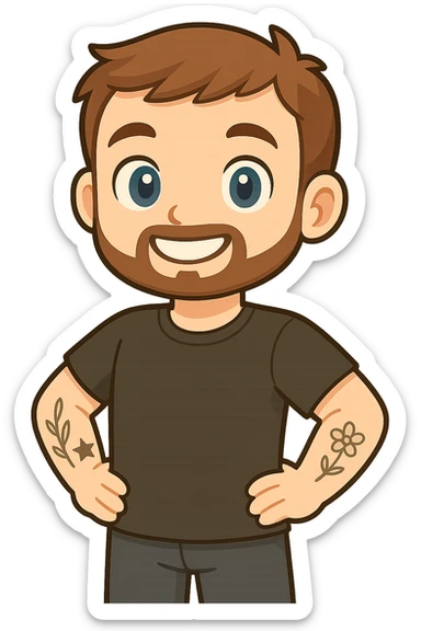 Create a chibi/cartoon-style male character with short brown hair, neatly trimmed short beard, large blue eyes, and a smile. Keep the same facial features and expression as the reference. The character has visible tattoos (leaf, star, flower) on his left arm, wears a simple black t-shirt, and stands proudly with both arms on his hips. Use smooth shading and clean lines. Front-facing angle with transparent background. sticker
