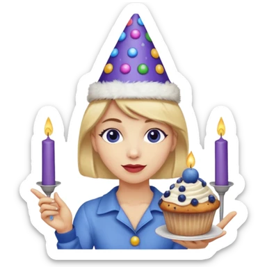 Blueberry Muffin celebrating birthday. Make sure it actually looks like a muffin with candles. Somebody holding it with party hat  sticker
