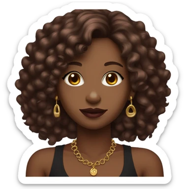 Female with curly cherry chocolate hair, burgundy eyes and medium skin. She wears make-up, a black tank top and gold jewelry sticker