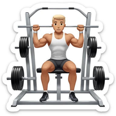 A focused athlete working out on a strength training machine in a modern gym. Muscles engaged, expression determined, demonstrating power and endurance. The gym is filled with equipment like dumbbells, barbells, and mirrors reflecting effort, creating a high-energy atmosphere. sticker