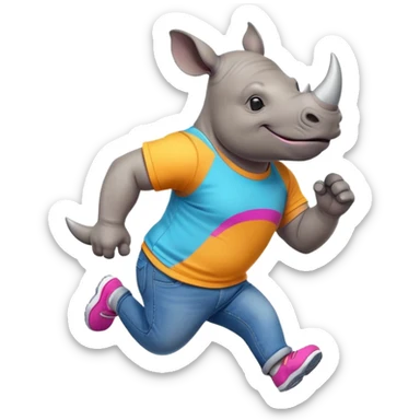 friendly anthropomorphised rhino in jeans and colourful t-shirt, wearing dark sunglasses, jogging upright, jumping with excitement, standard pose sticker