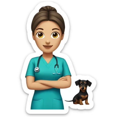 Brunette woman with a top knot wearing scrubs holding a dachshund sticker