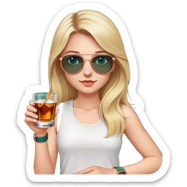 girl with long blond hair
with blue eyes
and aviator sunglasses
wearing white tank top 
holding a glass of whiskey 
wearing rose gold apple watch with forest green band  sticker