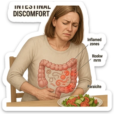 adult woman, realistic infographic style, intestinal discomfort, transparent intestine illustration with parasite icons and inflamed zones, sitting at table with salad, suffering expression, light background sticker