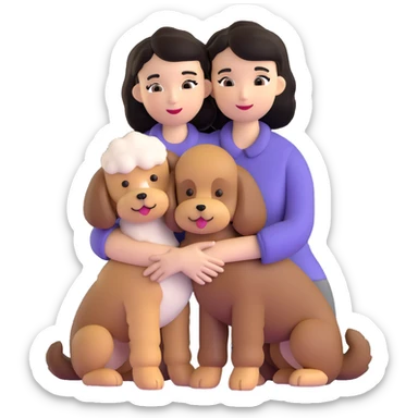 Woman with short black straight hair hugging a brown poodle and a white bichon frise sticker