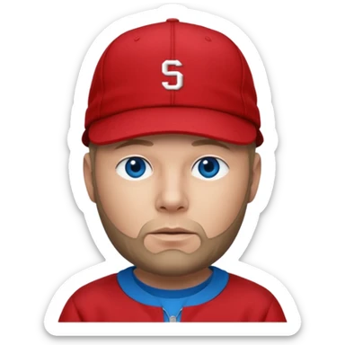Fred Durst with dark blonde hair, blue eyes, red outfit and cap sticker