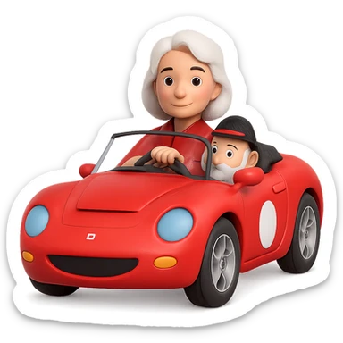 Make this mother with white hair driving a red sports car look 10% more realistic in the style of 3D Emoji, keep the 3D emoji style, no background. sticker