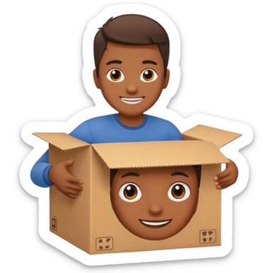 Generate a realistic emoji-style icon of the a person clever packing a package. That he´s clever by packing a box has to be easily noticed. sticker