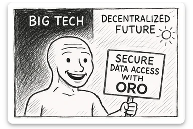 A Wojak character looking happy and holding a sign that says 'Secure Data Access with ORO'. The background should be a contrast between a dark, gloomy side labeled 'Big Tech' and a bright, sunny side labeled 'Decentralized Future'. sticker