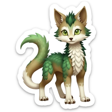 Kawaii dark cute brown beige white fantasy ethereal feline-vernid-sergal-fursona animal creature with a tufted tail full body with intricate markings, hazel-gold-green eyes sticker