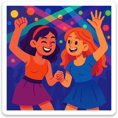 two girls dancing together at a party, festive mood, colorful lights, joyful, celebration sticker