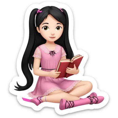 A beautiful girl, wearing a pink lace dress, her long straight black hair is tied in two ponytails, she holds books and crayons in her hands, her feet are bare, sitting on the floor with her legs crossed. sticker