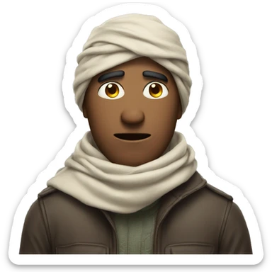 A man with a scarf covered his forehead and only his eyes are visible and in a angry expression sticker