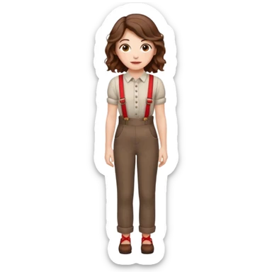 Woman with wavy brown hair and hazel eyes wearing dress pants with red suspenders sticker