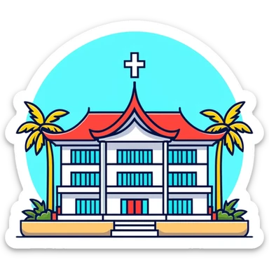 Modern Thai hospital building with traditional Thai roof elements, medical cross symbol, palm trees sticker