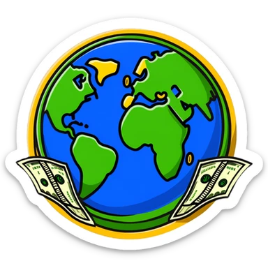 Money world with dollar bills and coins surrounding Earth sticker