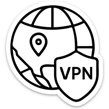 VPN globe icon with a shield, outlined, simple, location pin on the USA, blue and white sticker
