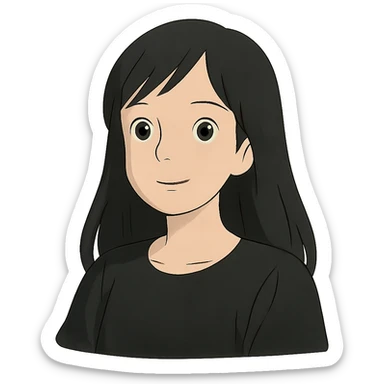 ghibli style white woman with rounded brown eyes, long black hair, black blouse sticker