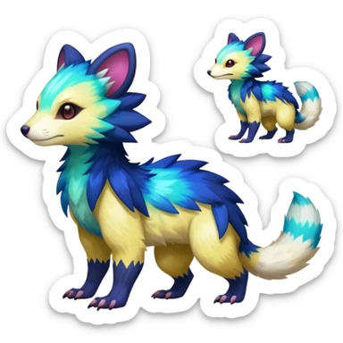Colorful luminescent glowing Trico-Sergal-Furret-Ferret-Wolverine-Vernid-furry-fursona-fusion-Fakemon-animal-hybrid-creature, full body sticker