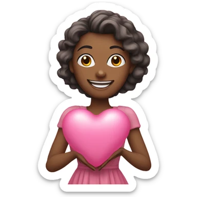 a woman smiling wearing pink dress holding a heart shaped balloon sticker