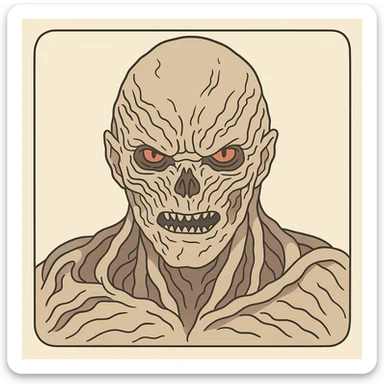 Vecna from Stranger Things with monstrous appearance, textured skin, threatening expression, simple line art, light pastel tones, thick outlines, in Ghibli style, 1:1 format, inspired by the provided references. sticker