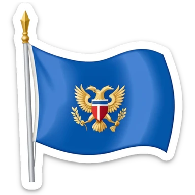 Hazme la bandera blanca con una franja azul de punta izquierda arriba a punta derecha abajo con un escudo en medio de la bandera de colores dorados sticker