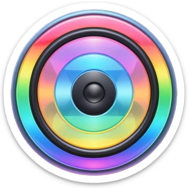 A speaker emoji 🔊 with a smooth CD-like surface that reflects rainbow iridescent colors, glowing RGB light ring around the edge, shiny plastic body, prismatic reflections shifting across the front, soft sparkles and light gleams, holographic sheen, clean simple shape, bright colorful highlights sticker