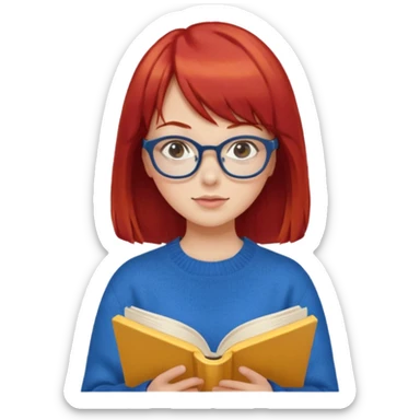 a girl with red hair and bangs with glasses wearing blue sweater reading a yellow cover book sticker